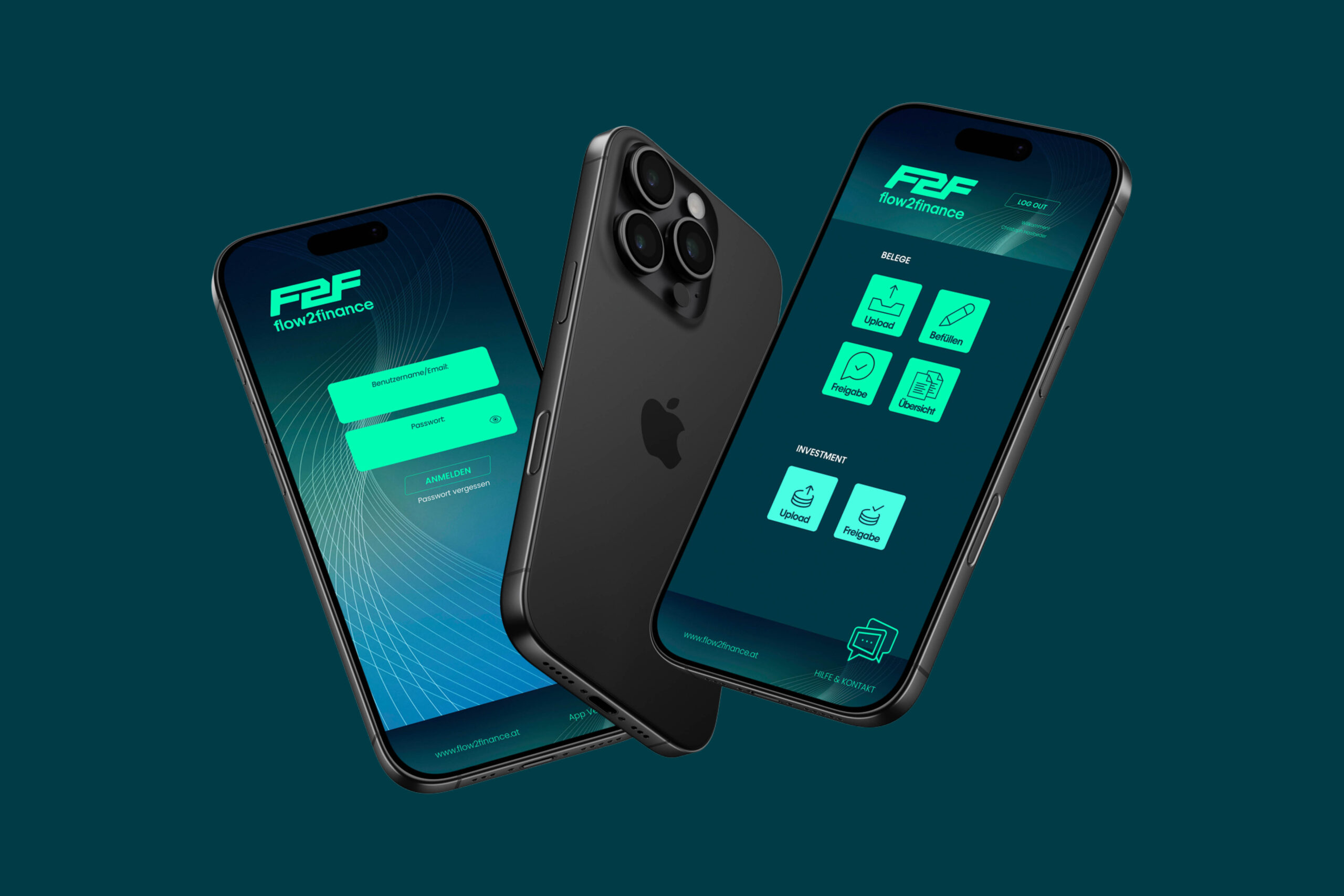 App Design von flow2finance auf drei iPhones